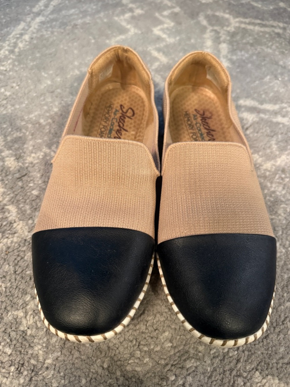 Skechers Tan Knit Slip-On Flats with Black Cap Toe